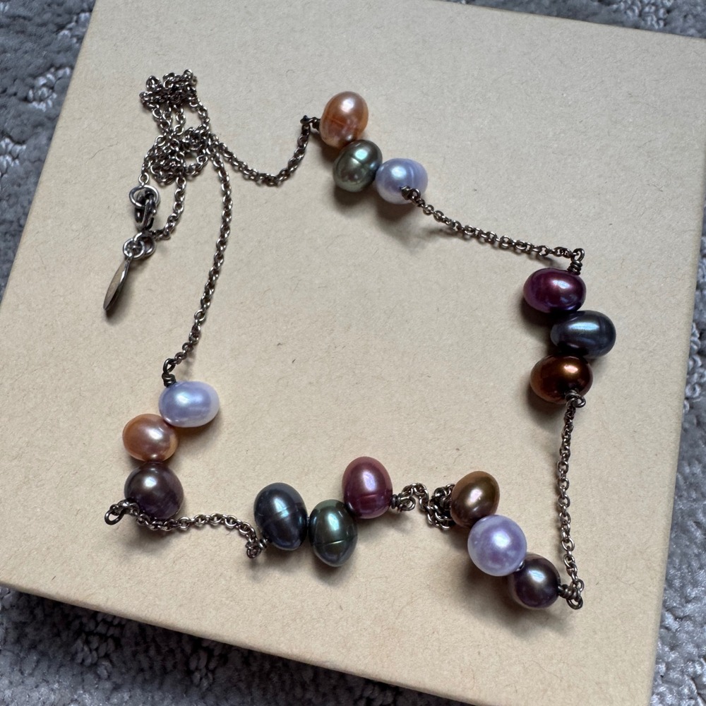 Sterling Silver Multi Color Freshwater Pearl Station Necklace 925